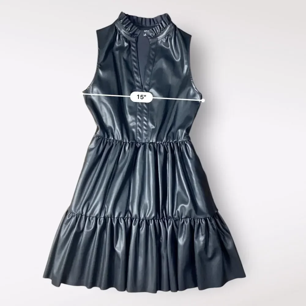 Fate Black Faux Leather Ruffled Tiered Mini Dress Size‎ S Moto Boho Goth
